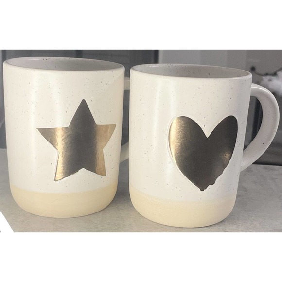 Cream & Speckled Mugs with Bronze Colored Star & Heart (Set of 2) - Picture 6 of 13